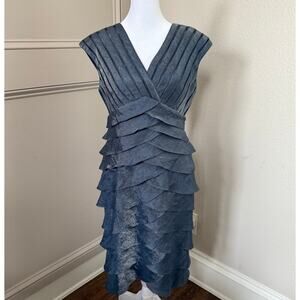 Adrianna Papell Tiered Petal Layered Sheath Party Dress Shiny Blue Size 10